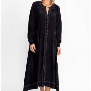 JOHNNY WAS CALME SCOOP NECK BUTTON DOWN MIDI LIYA BLACK SILK DRESS, Size L